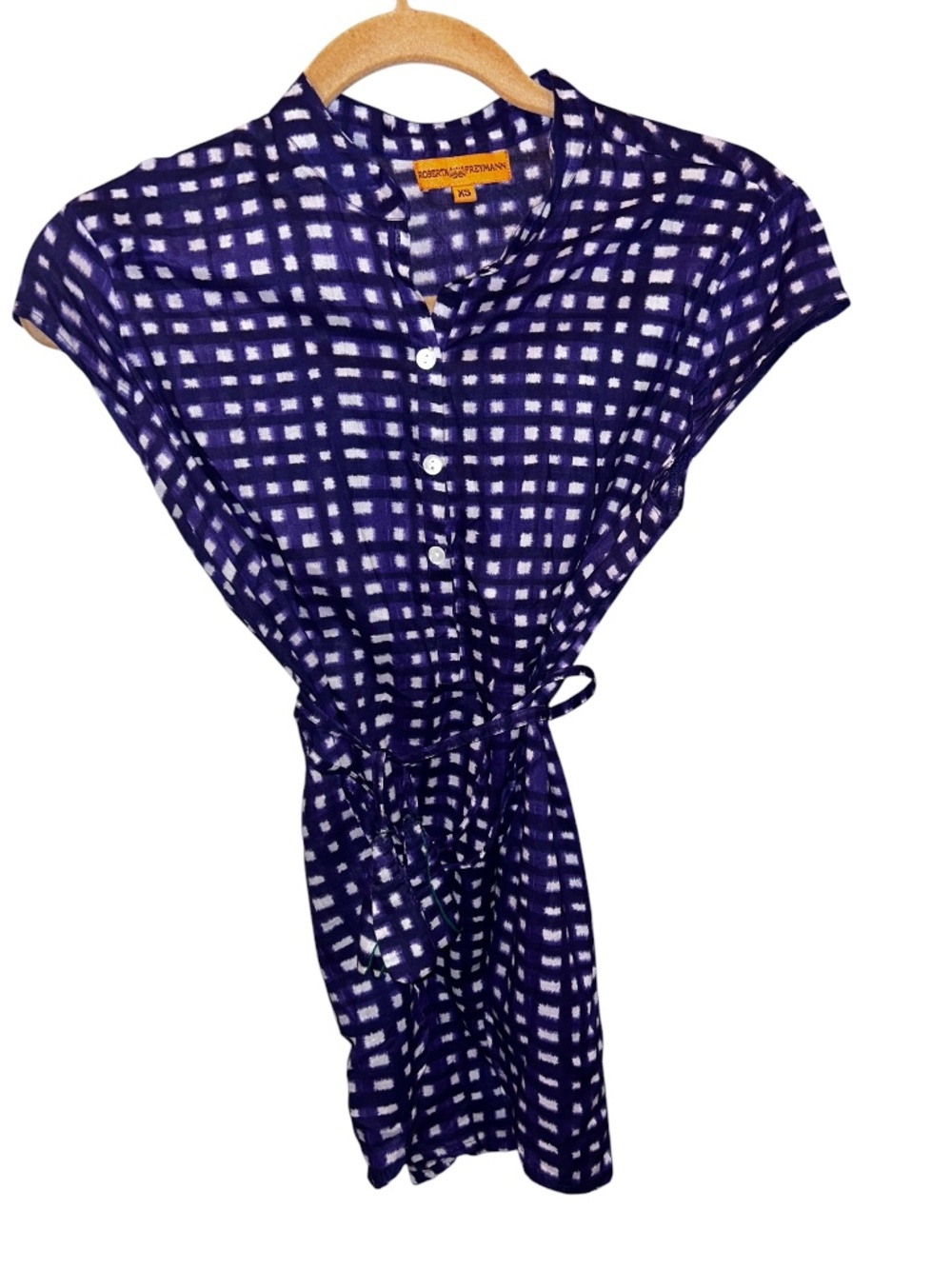 Robert Roller Rabbit Freymann plaid check eggplant purple silk cotton tie top XS